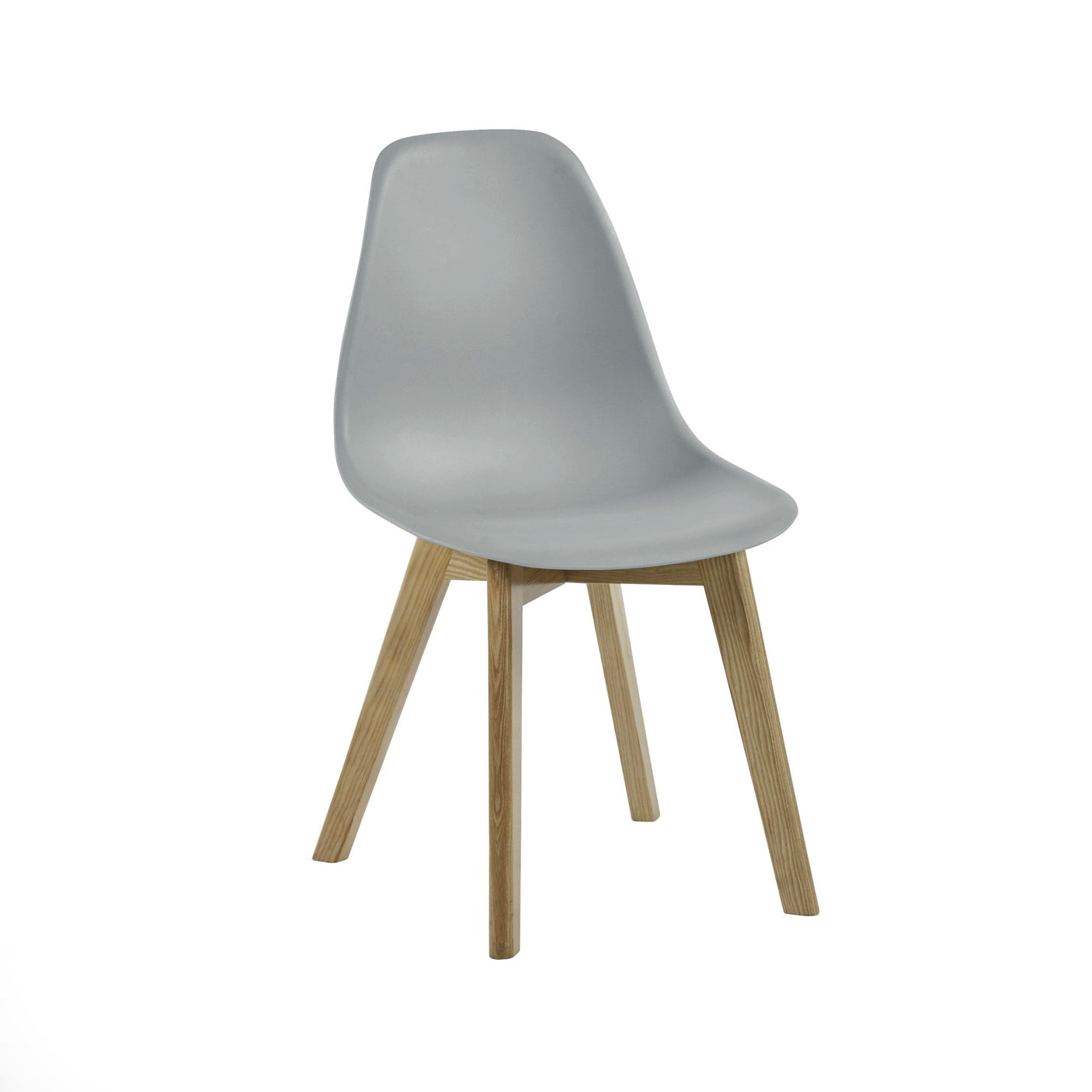 Single light grey plastic chair with four light wooden legs on plain white background