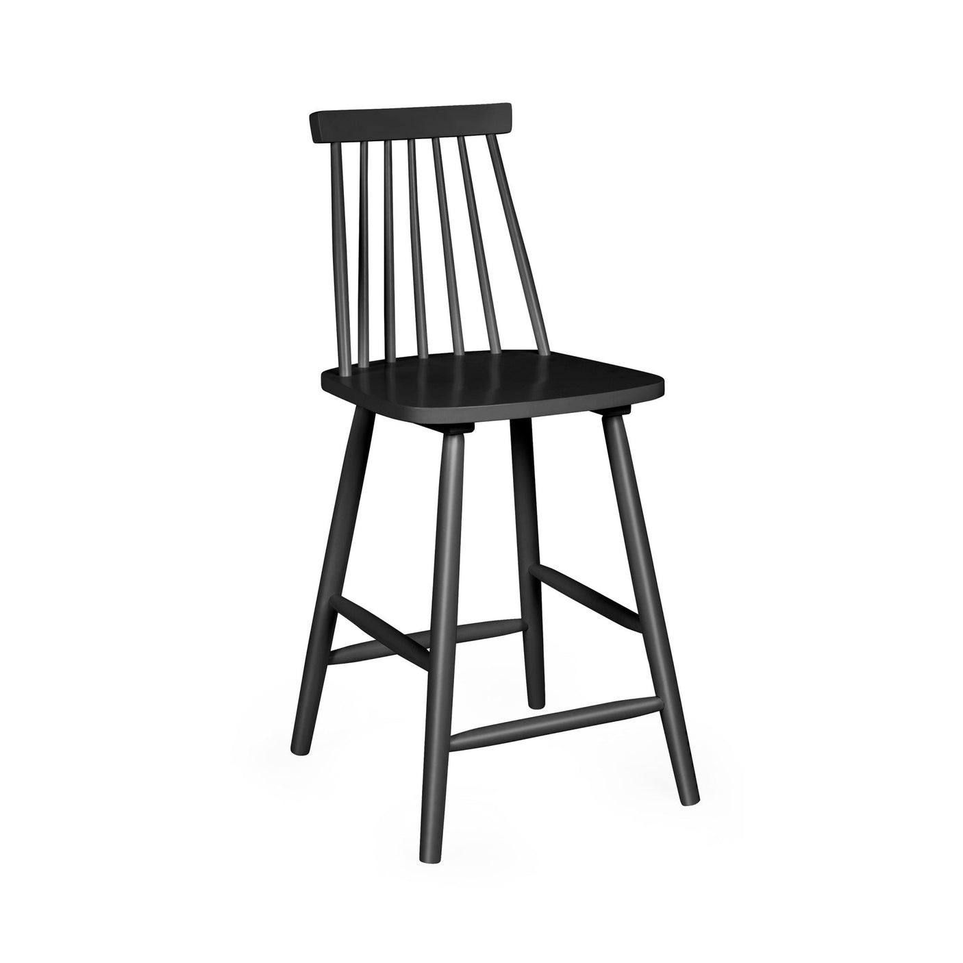 Black wooden bar stool with spindle back shown from angled front view on white background.