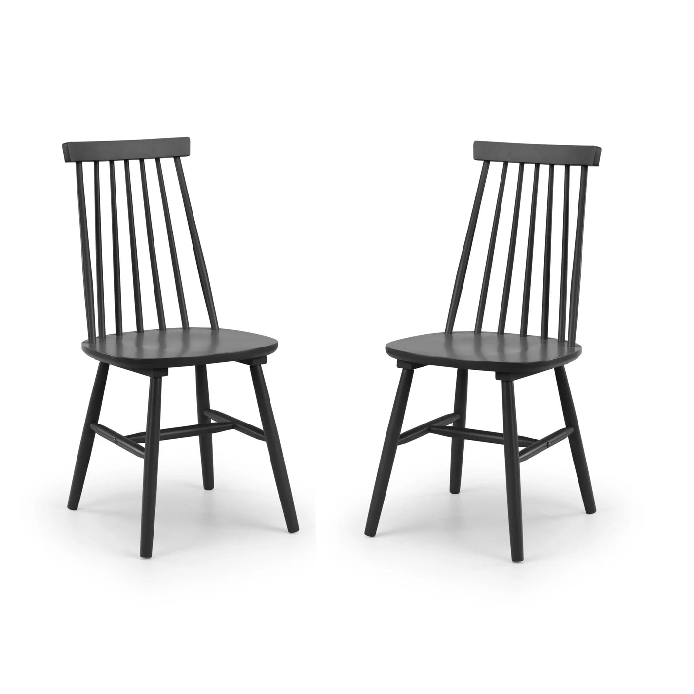Pair of black wooden dining chairs with spindle backs and angled legs on white background