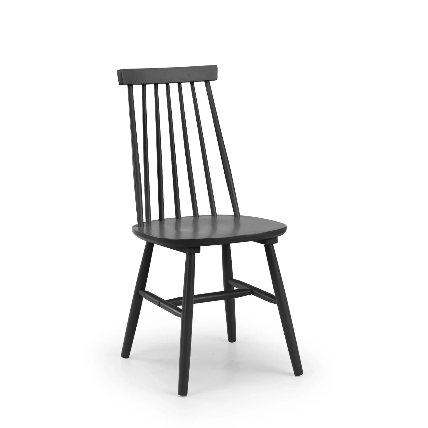 Black wooden dining chair with spindle backrest, angled legs and smooth finish on white background
