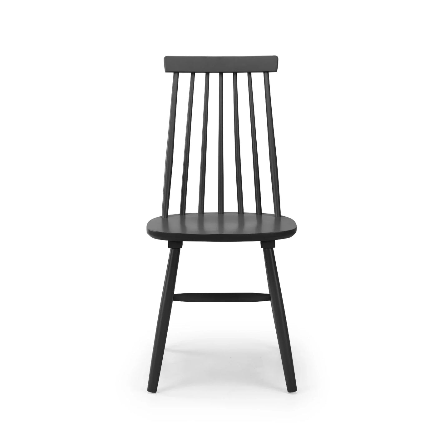 Black wooden dining chair with spindle backrest and angled legs, front view
