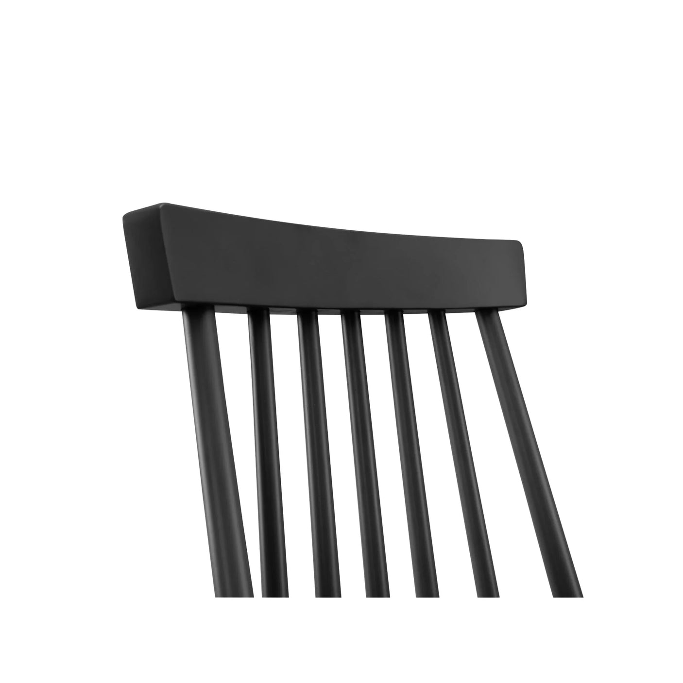 Black wooden dining chair with slatted backrest, close-up of top section