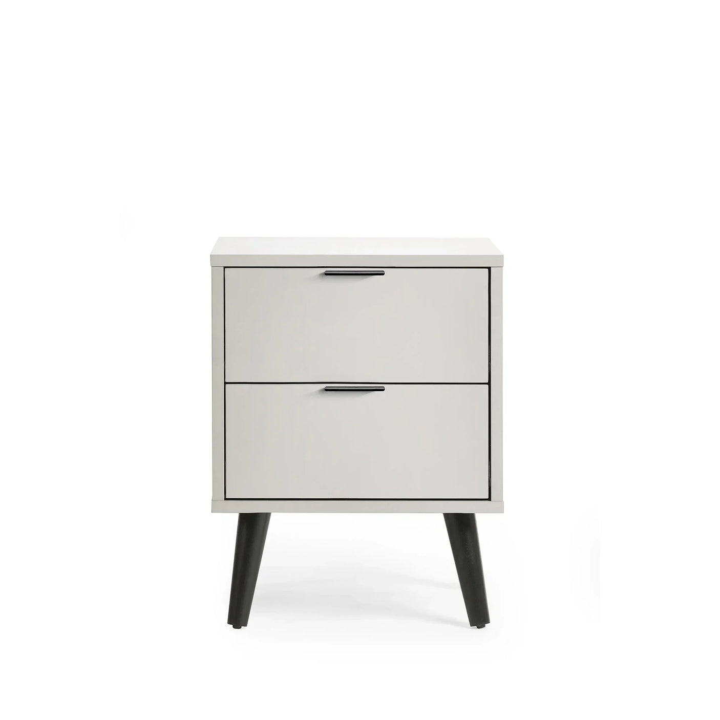 Silk grey two drawer bedside table with black legs and metal handles, front view