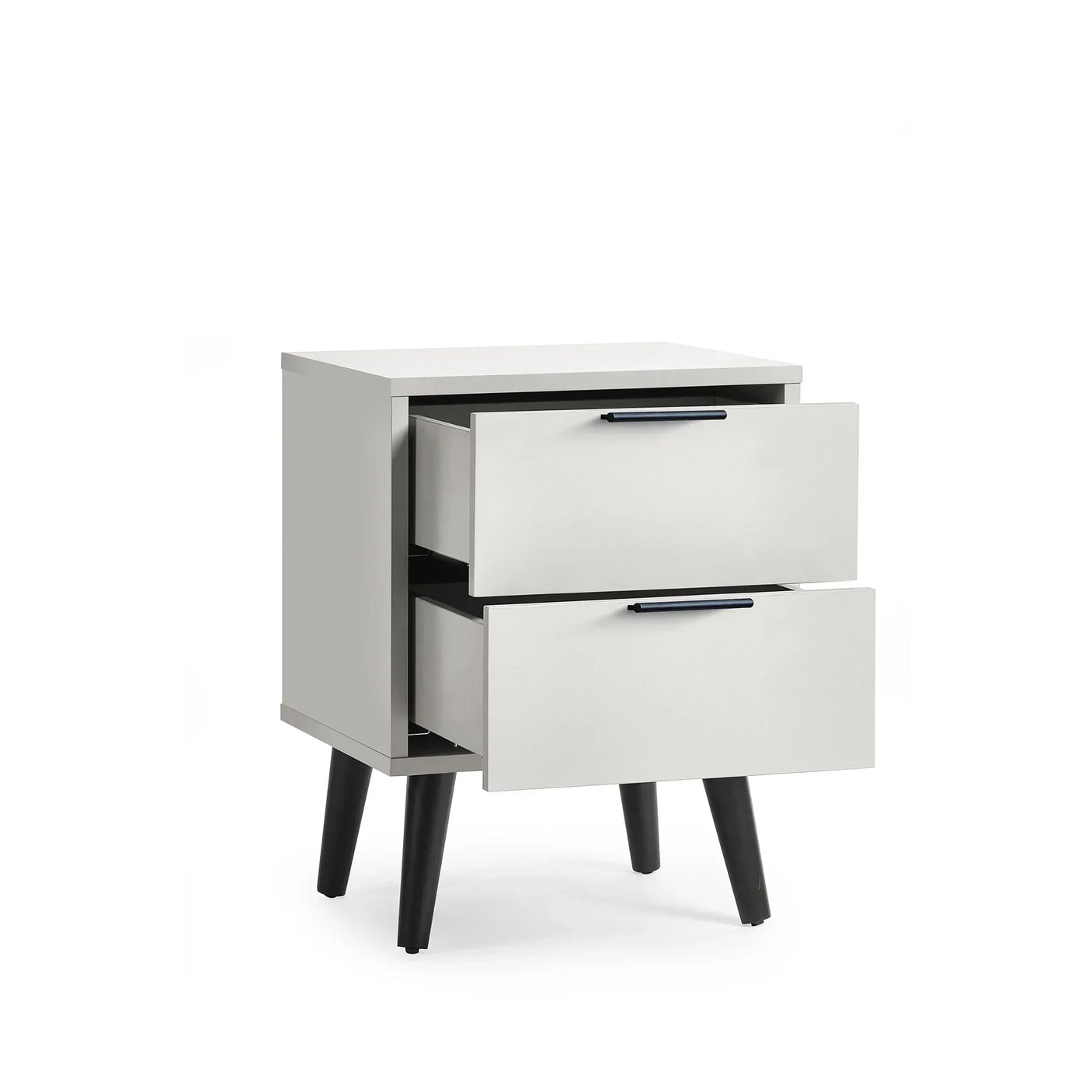 Silk grey 2 drawer bedside table with black handles and tapered legs, drawers open