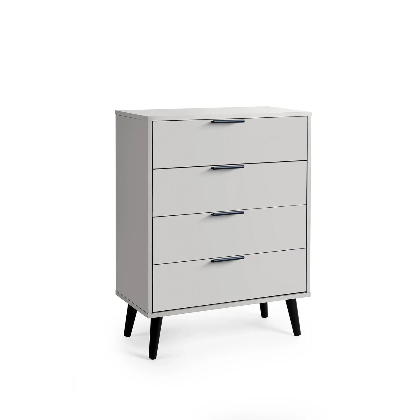 Silk grey four drawer chest with black handles and legs on white background