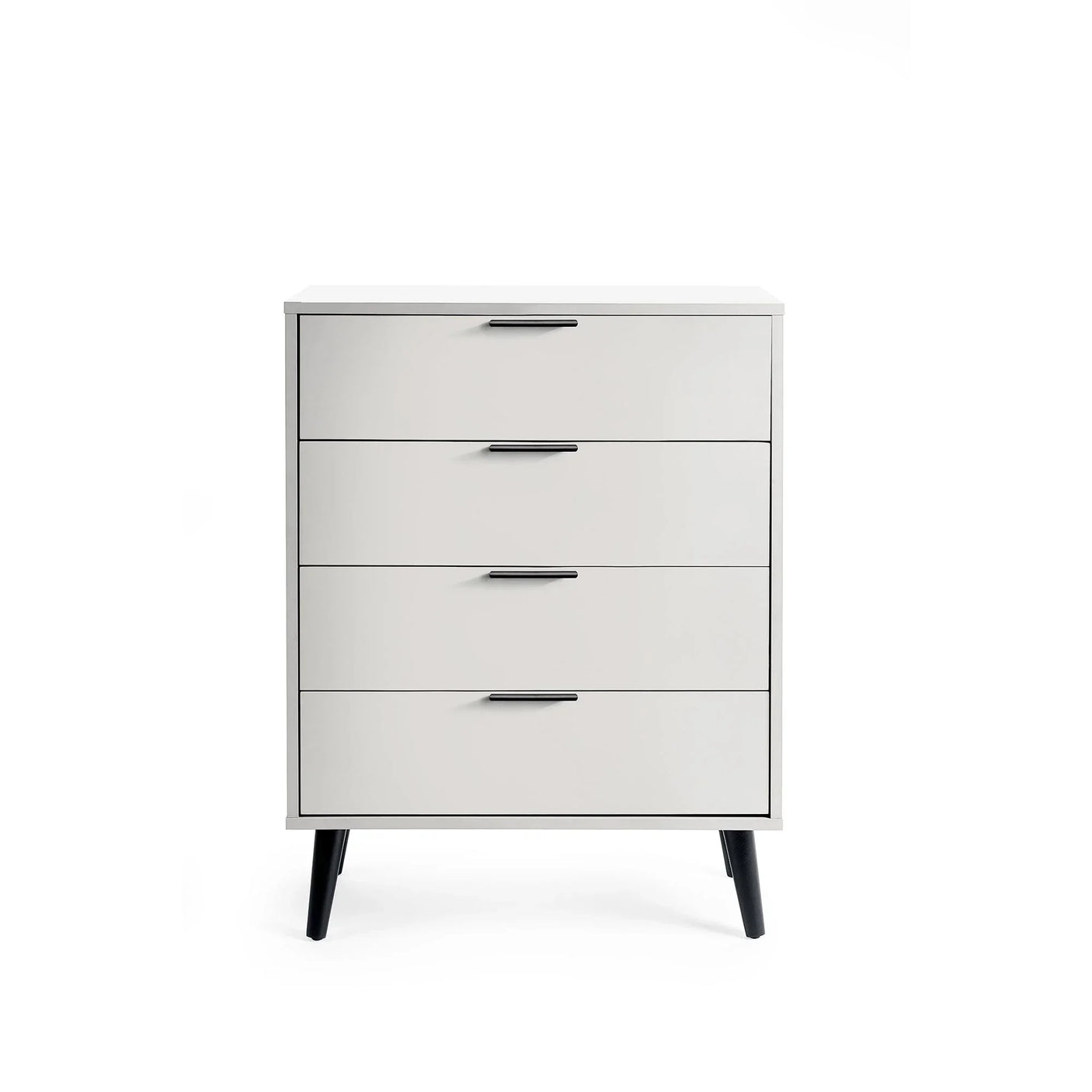 Silk grey four drawer chest with black handles and angled legs on white background