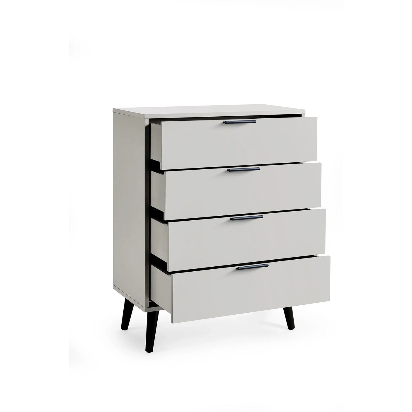 Silk grey 4 drawer chest with black legs and handles, all drawers open, angled view