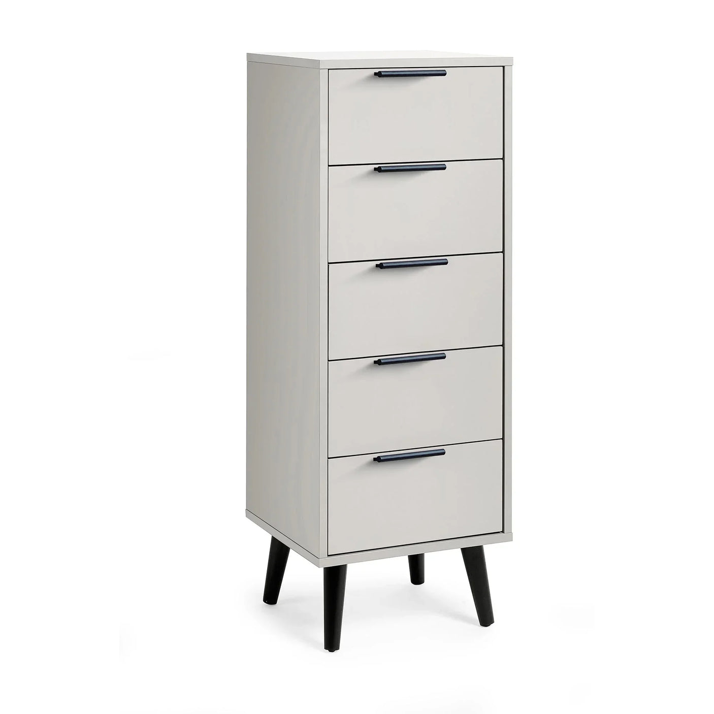 Silk grey 5 drawer tallboy chest with black handles and angled legs