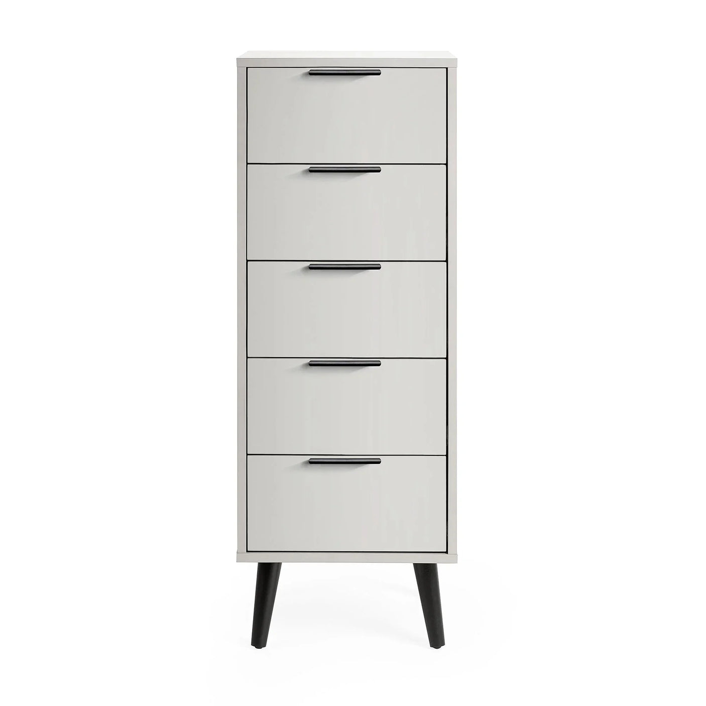 Silk grey five drawer tallboy chest with black handles and legs, front view