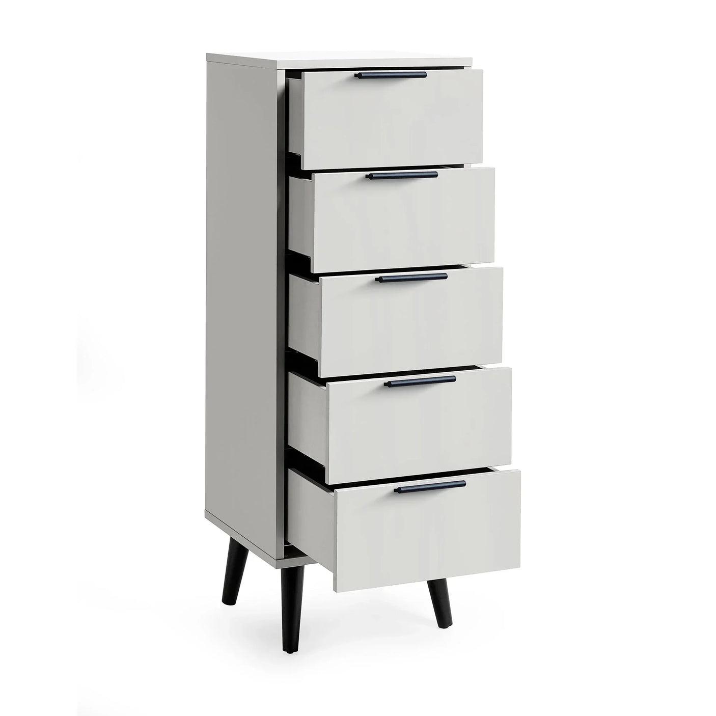 Silk grey 5 drawer tallboy chest with black handles and splayed legs, all drawers open