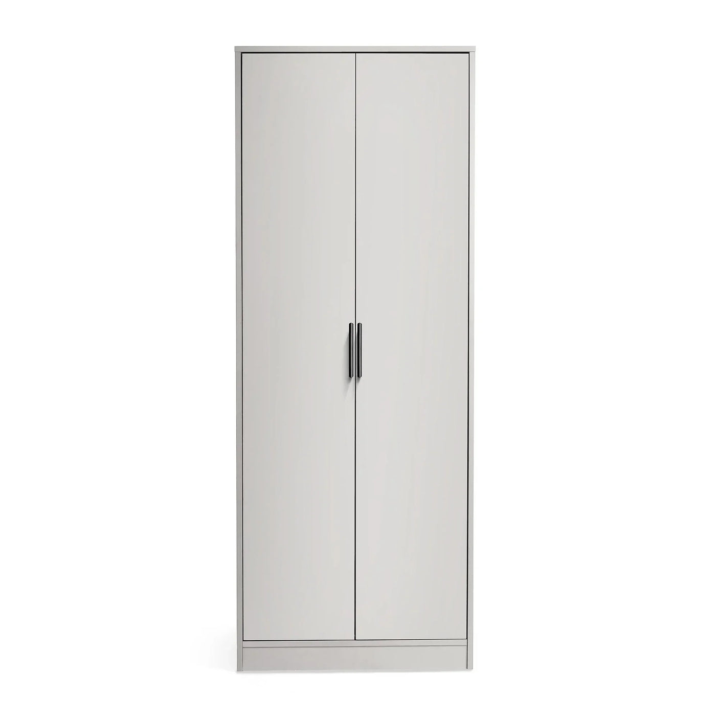 Silk grey 2 door wardrobe with black handles and minimalist design on white background