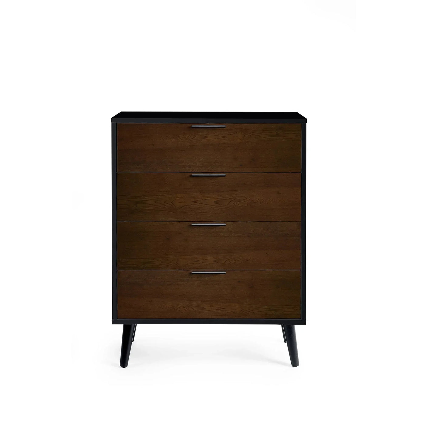 Walnut and black four drawer chest with metal handles and tapered legs front view