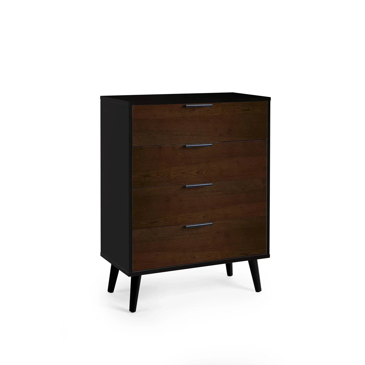Walnut and black four drawer chest with metal handles and angled legs on white background