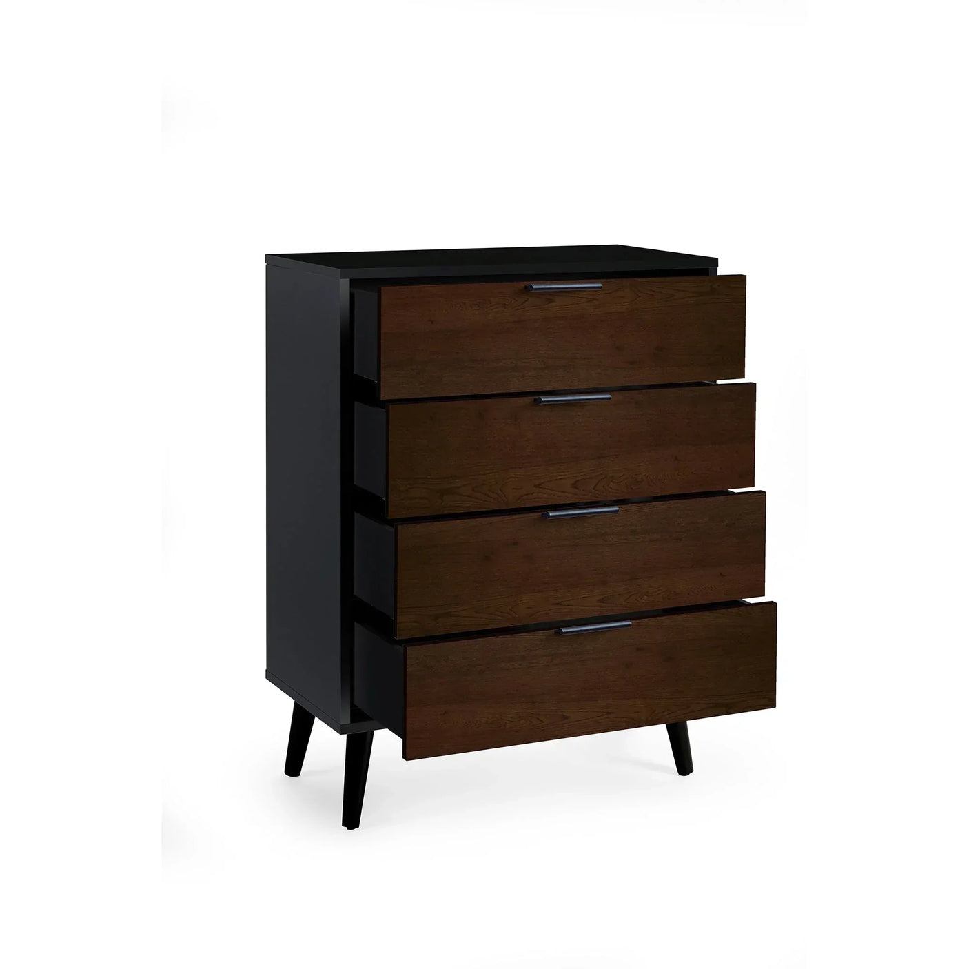 Walnut and black 4 drawer chest with angled legs and all drawers open