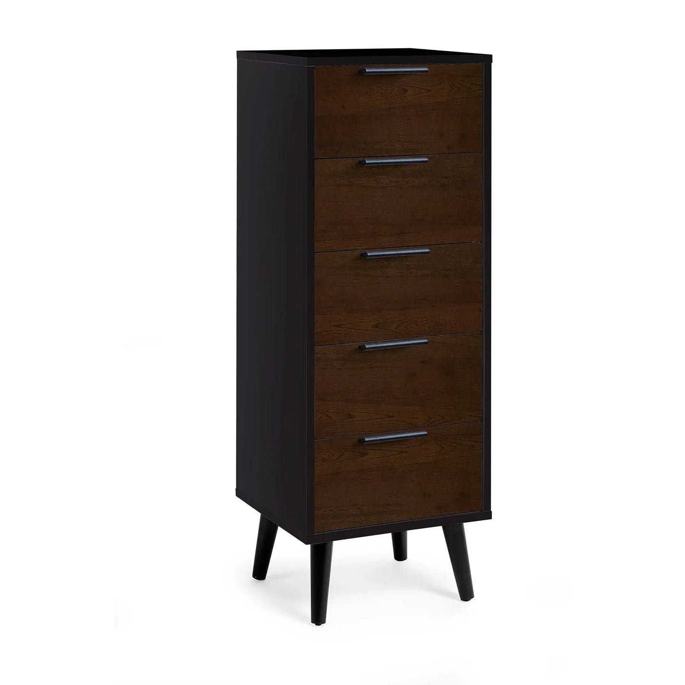 Walnut and black 5 drawer chest tallboy with angled legs and modern handles