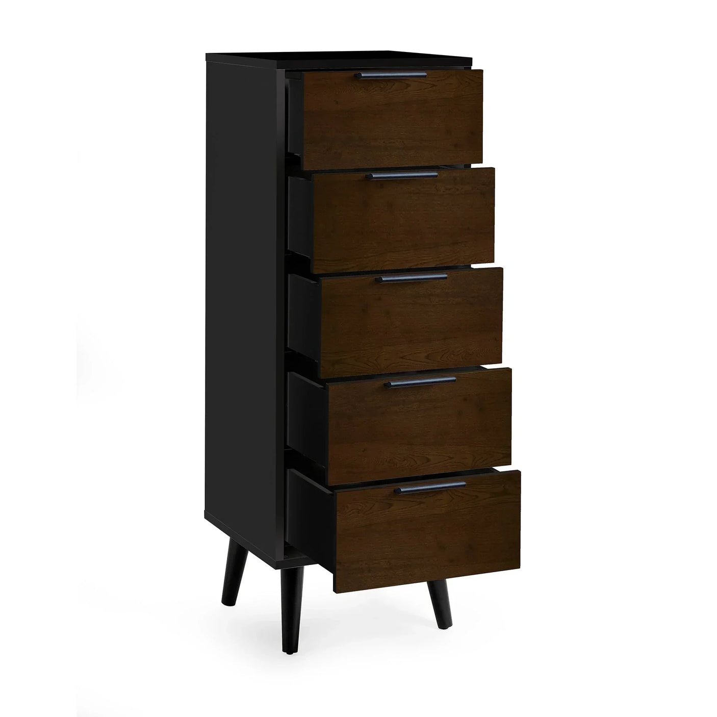 Tall walnut and black 5 drawer chest of drawers with all drawers open, angled legs