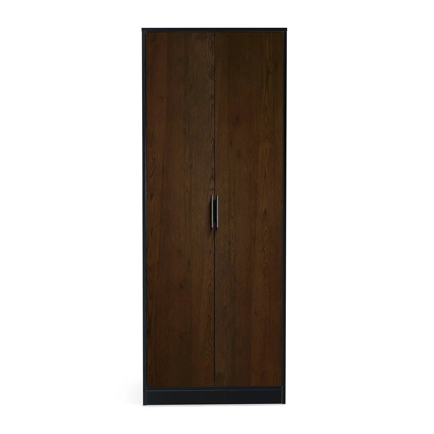 Walnut two door wardrobe with black frame and silver handles front view