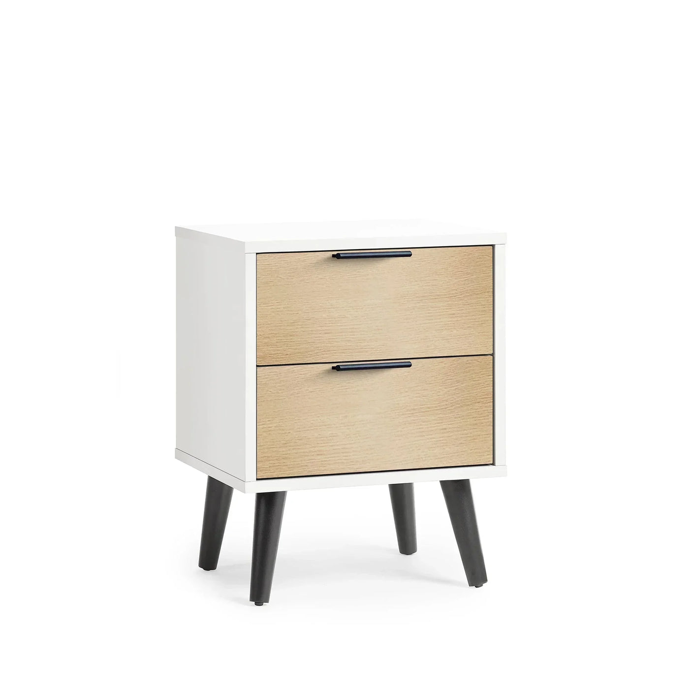 White and oak two drawer bedside table with black handles and angled legs