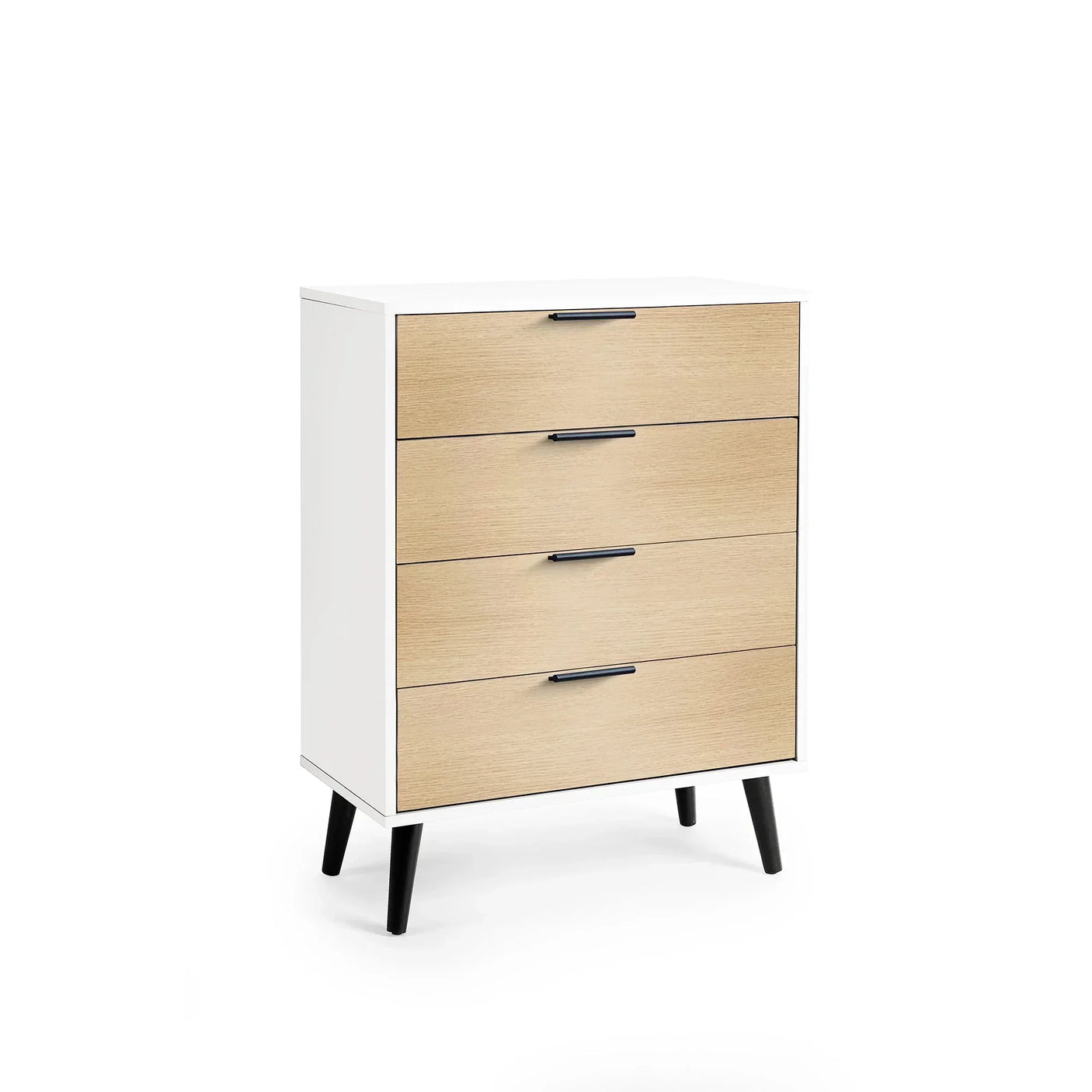White and oak 4 drawer chest with black handles and legs, angled front view