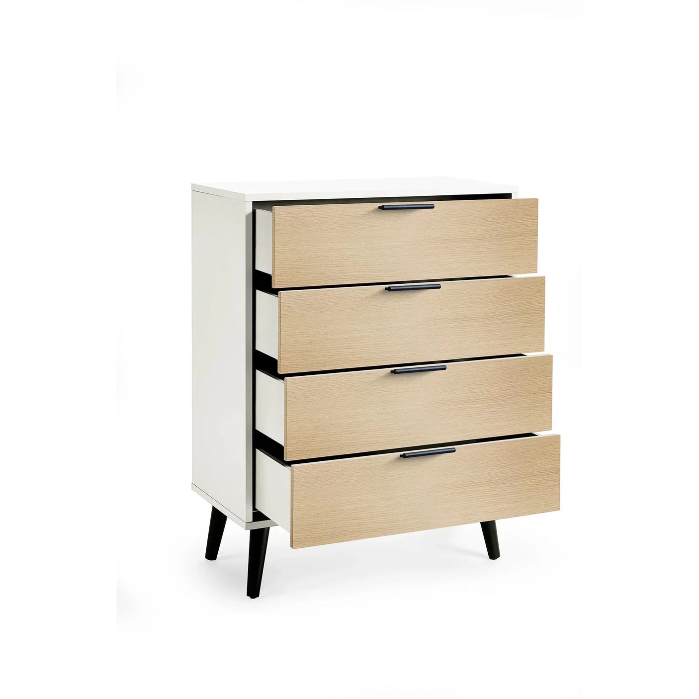 White and oak chest of drawers with four open drawers and black legs