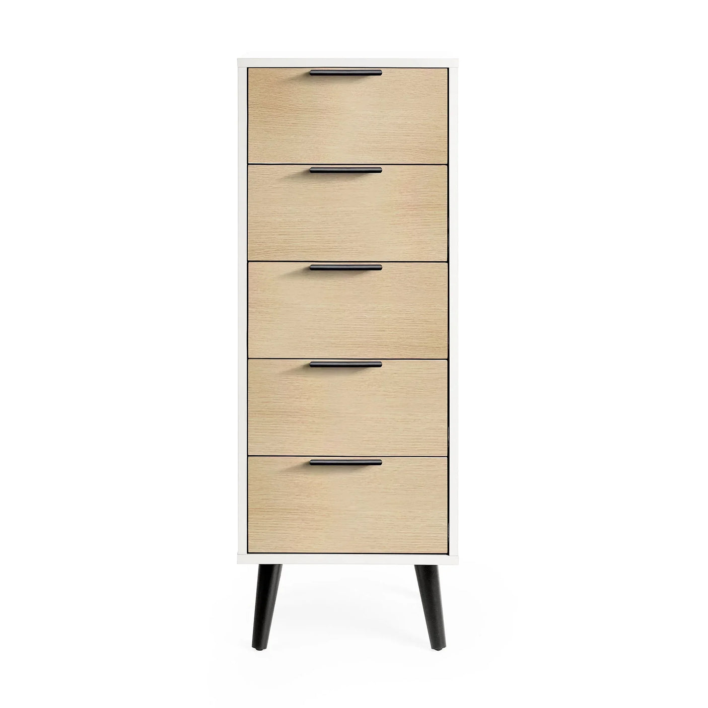 White and oak tallboy with five drawers and black handles on angled legs, front view