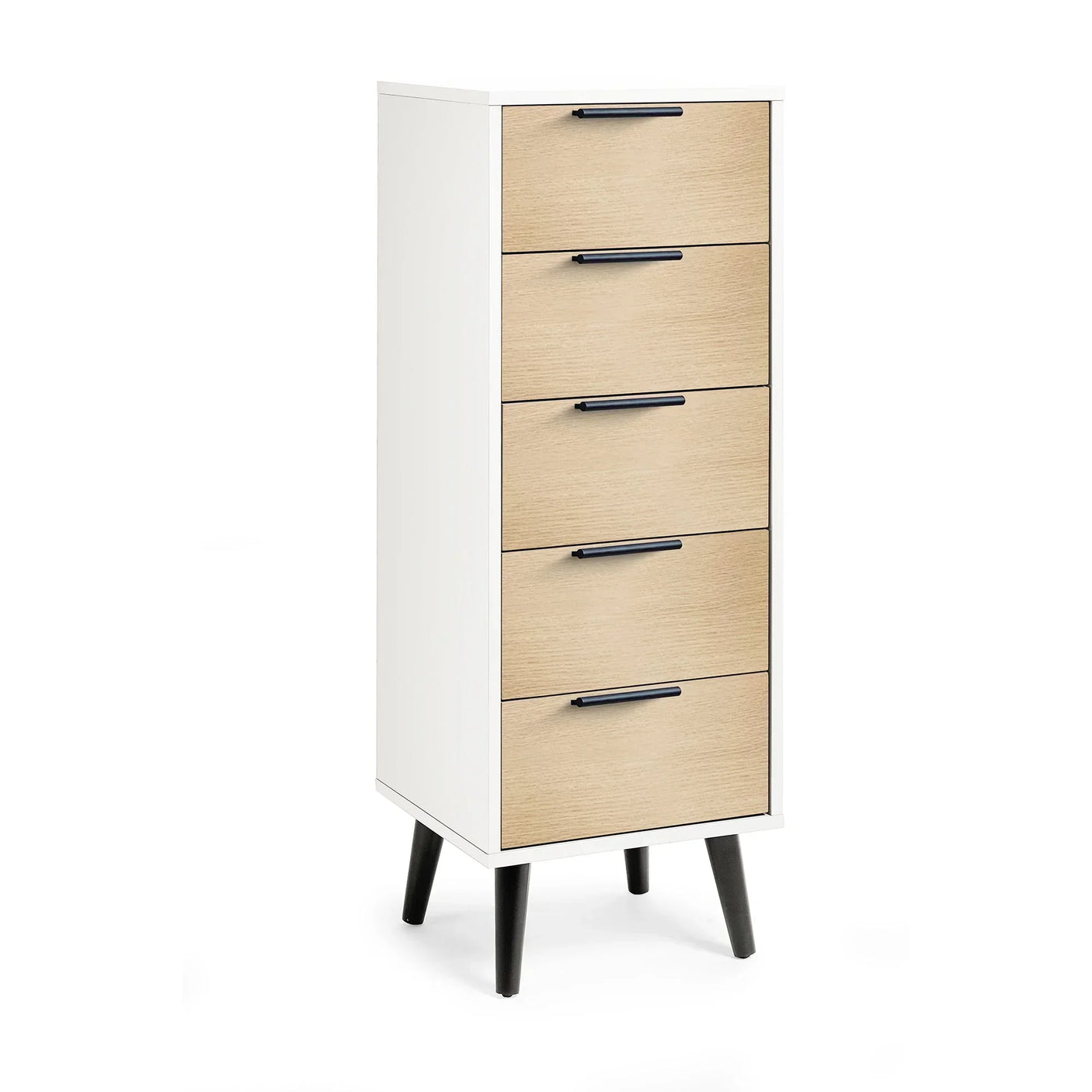 White and oak tallboy 5 drawer chest with black handles and angled legs