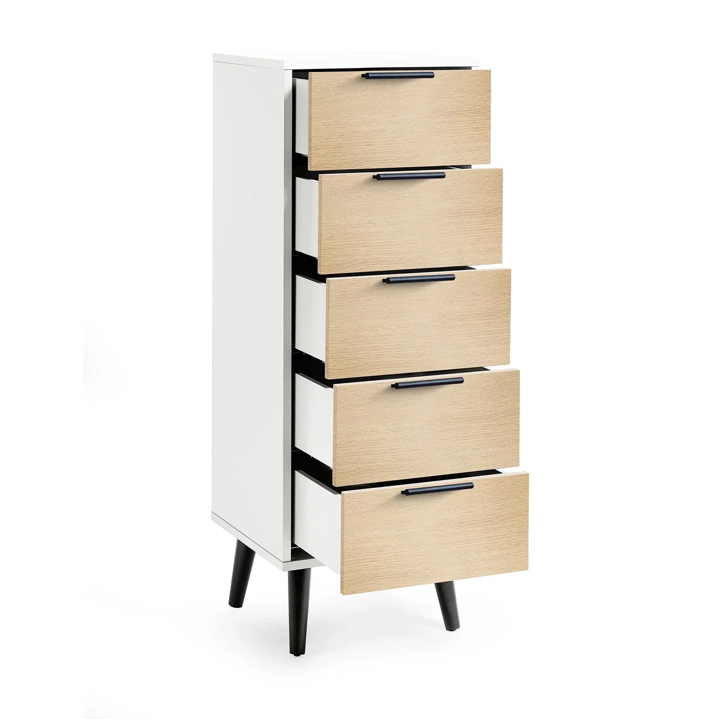 White and oak tallboy chest of drawers with five open drawers and black legs