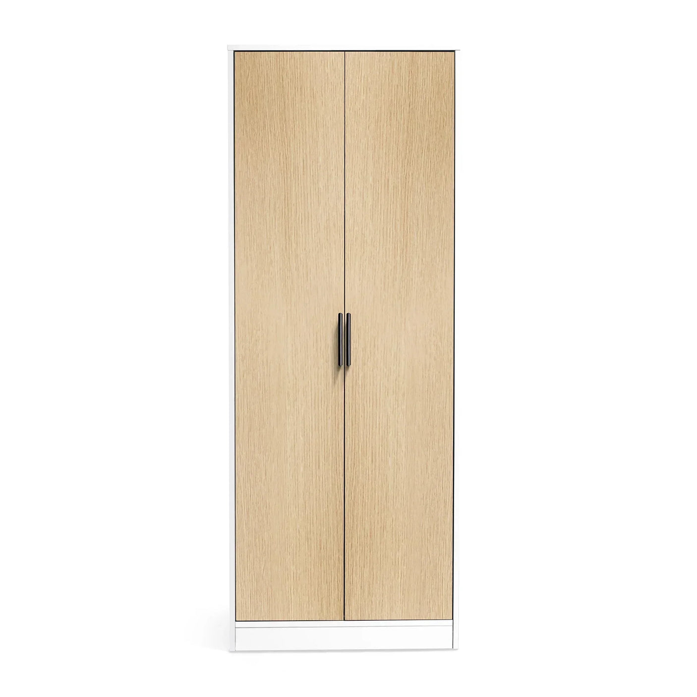 Two door wardrobe with oak finish and black handles, white frame, front view