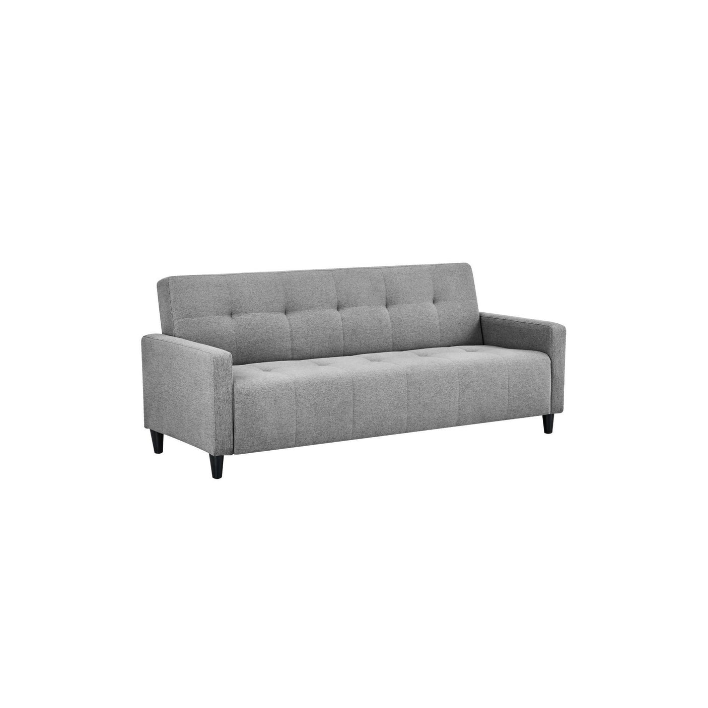 Grey fabric sofa with button tufted backrest and seat, black wooden legs, front view