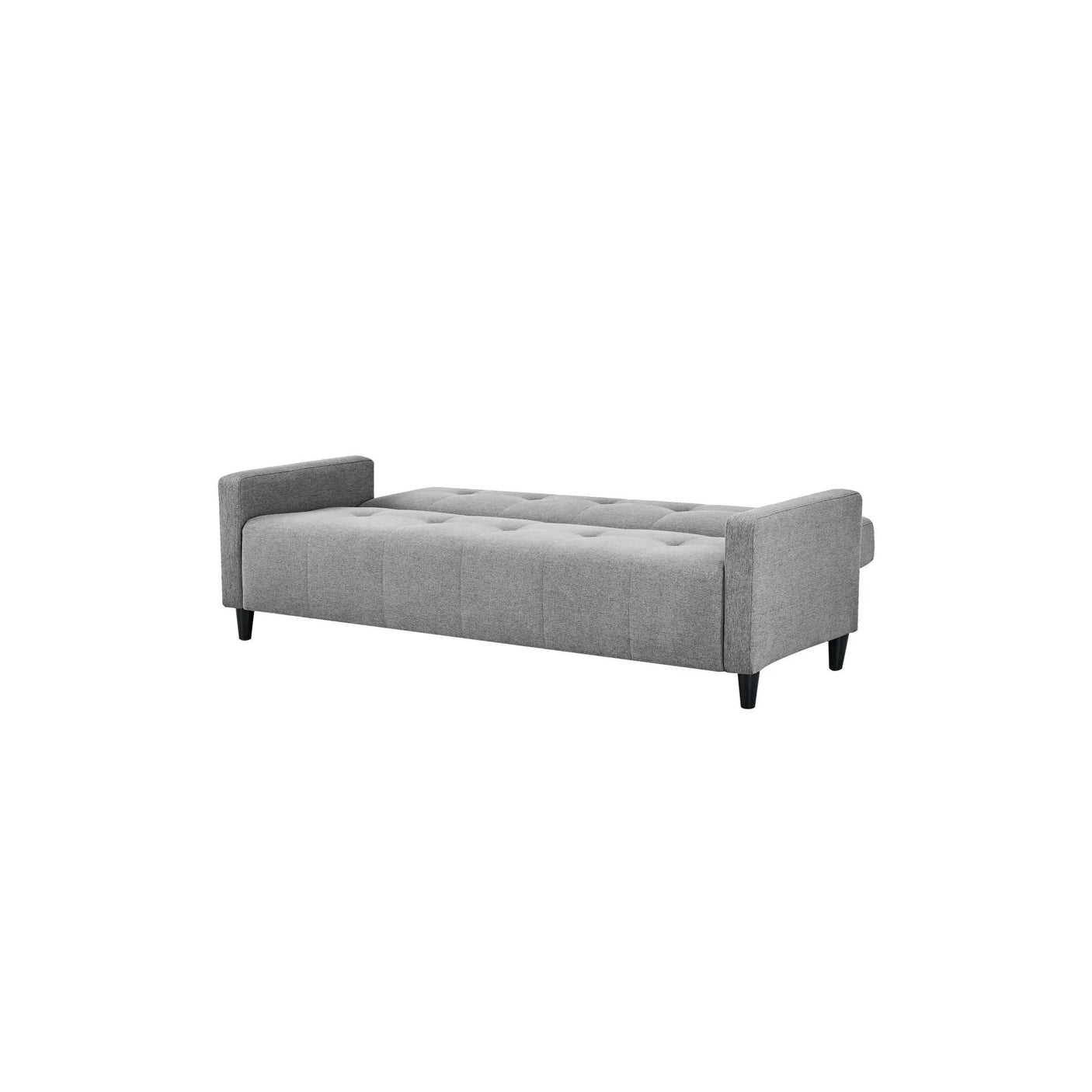 Grey fabric sofa bed with tufted seat and raised armrests on black legs