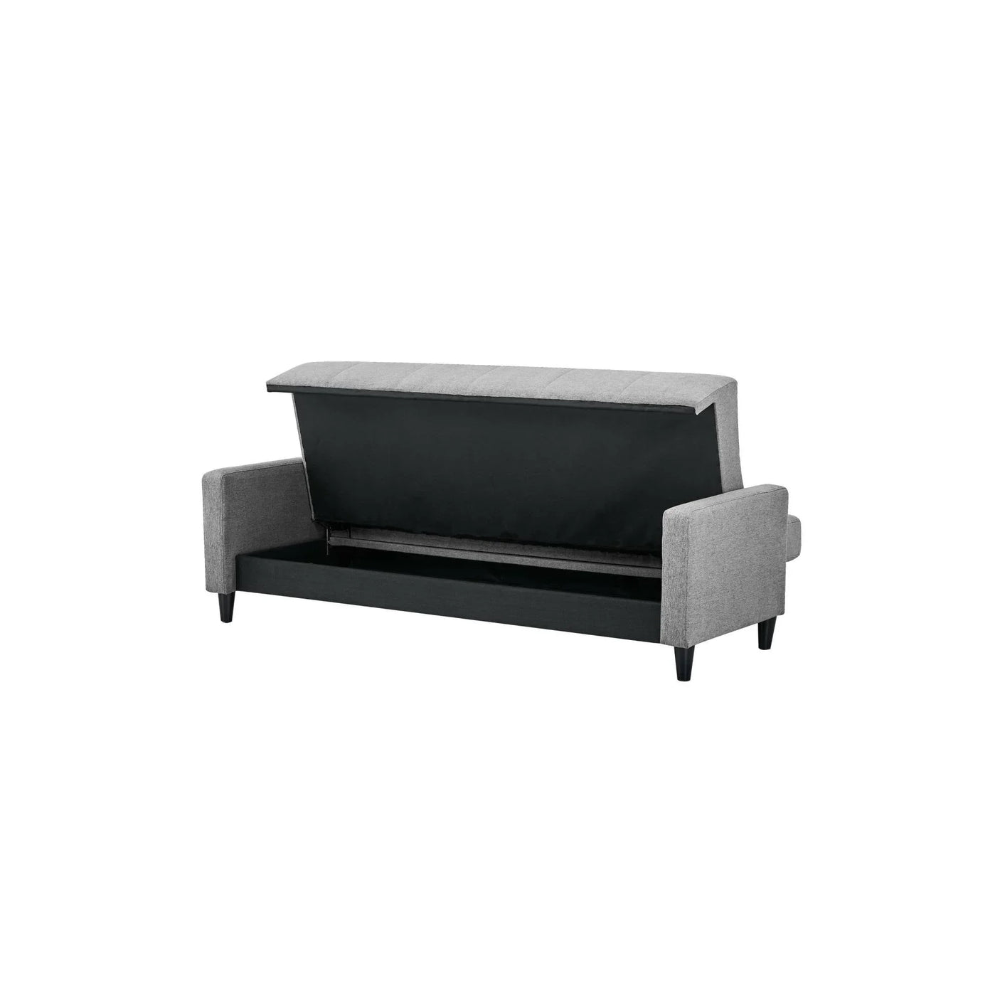 Grey fabric sofa bed with open underseat storage compartment, angled rear view