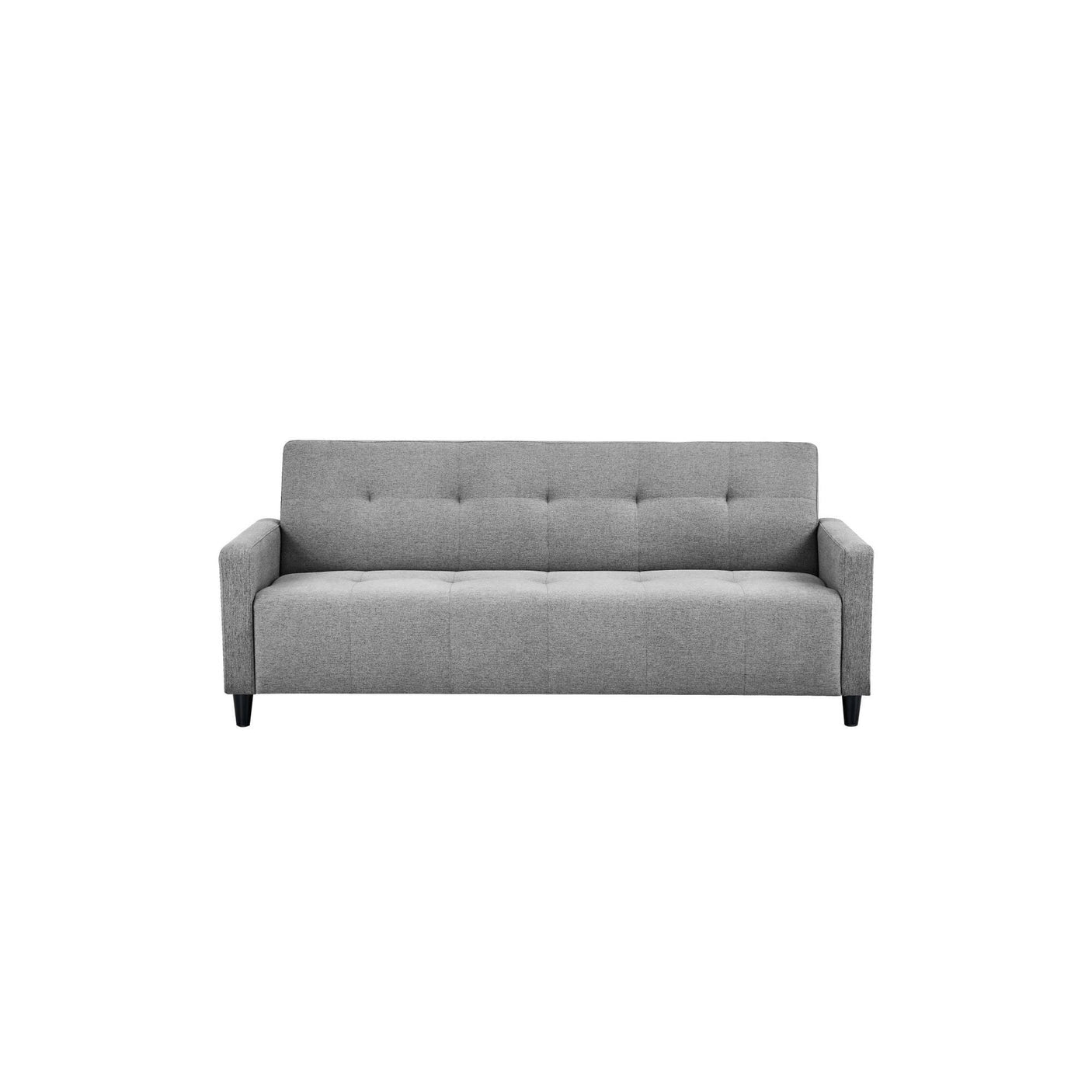 Modern grey fabric sofa with tufted backrest and straight arms, front view