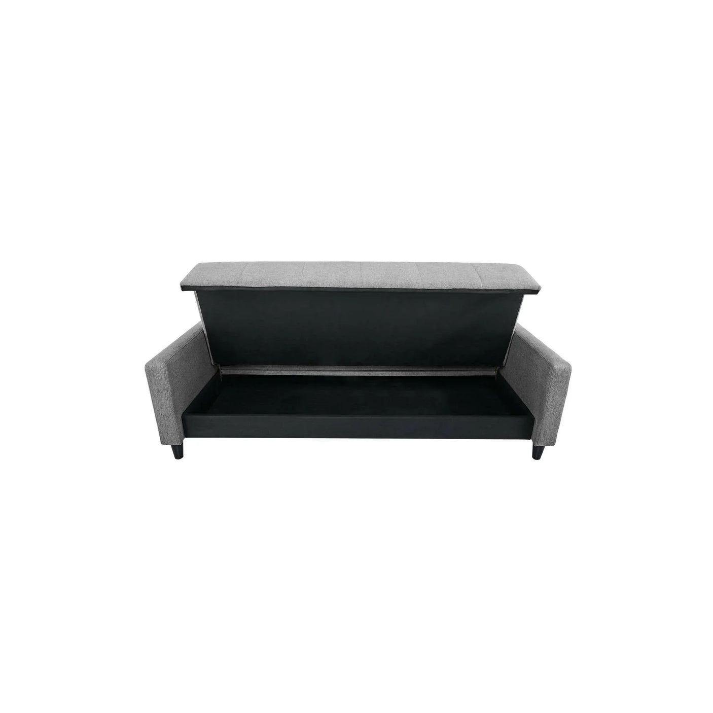 Grey fabric sofa bed with open storage compartment, front view