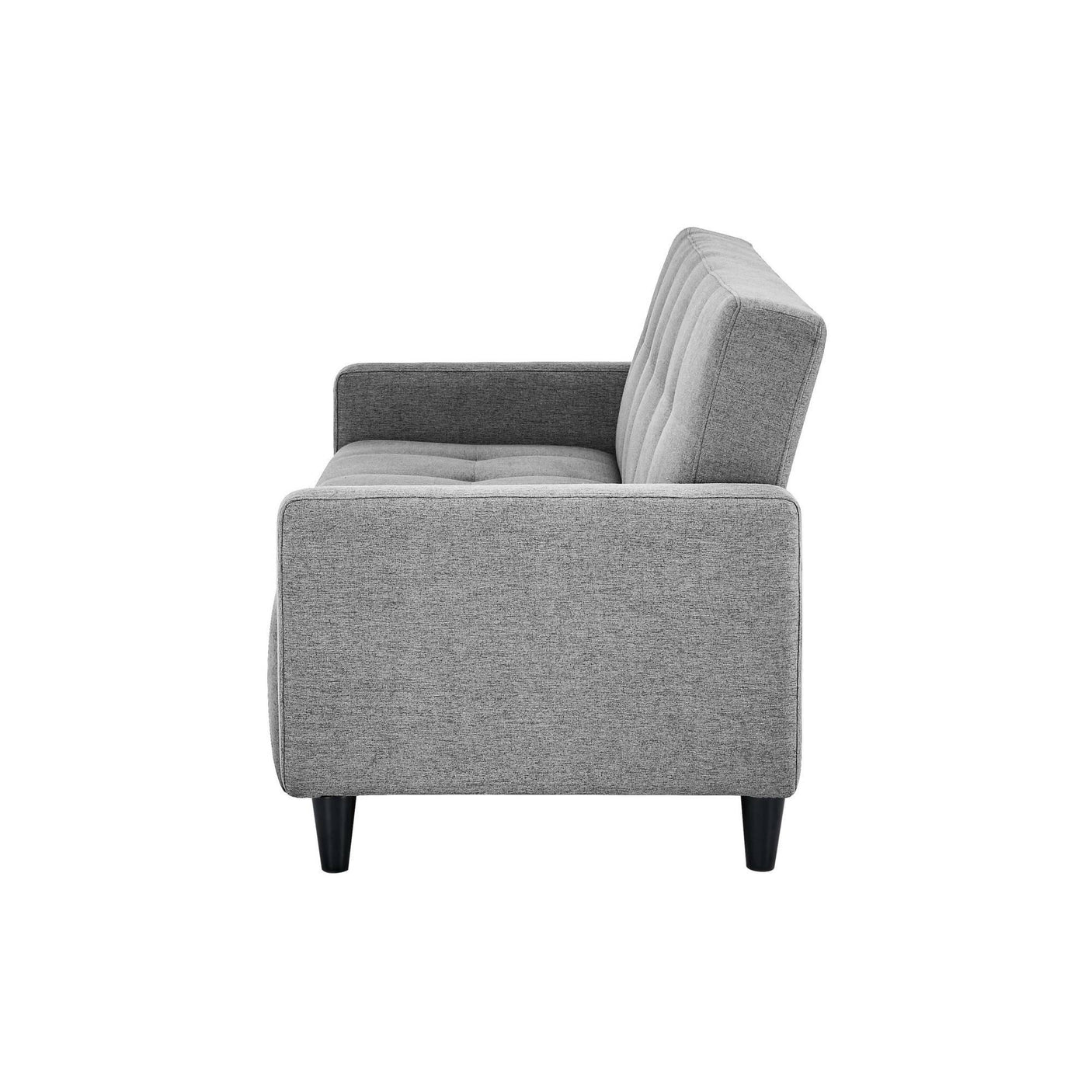 Side view of grey fabric sofa with tufted back and seat, black legs, modern design