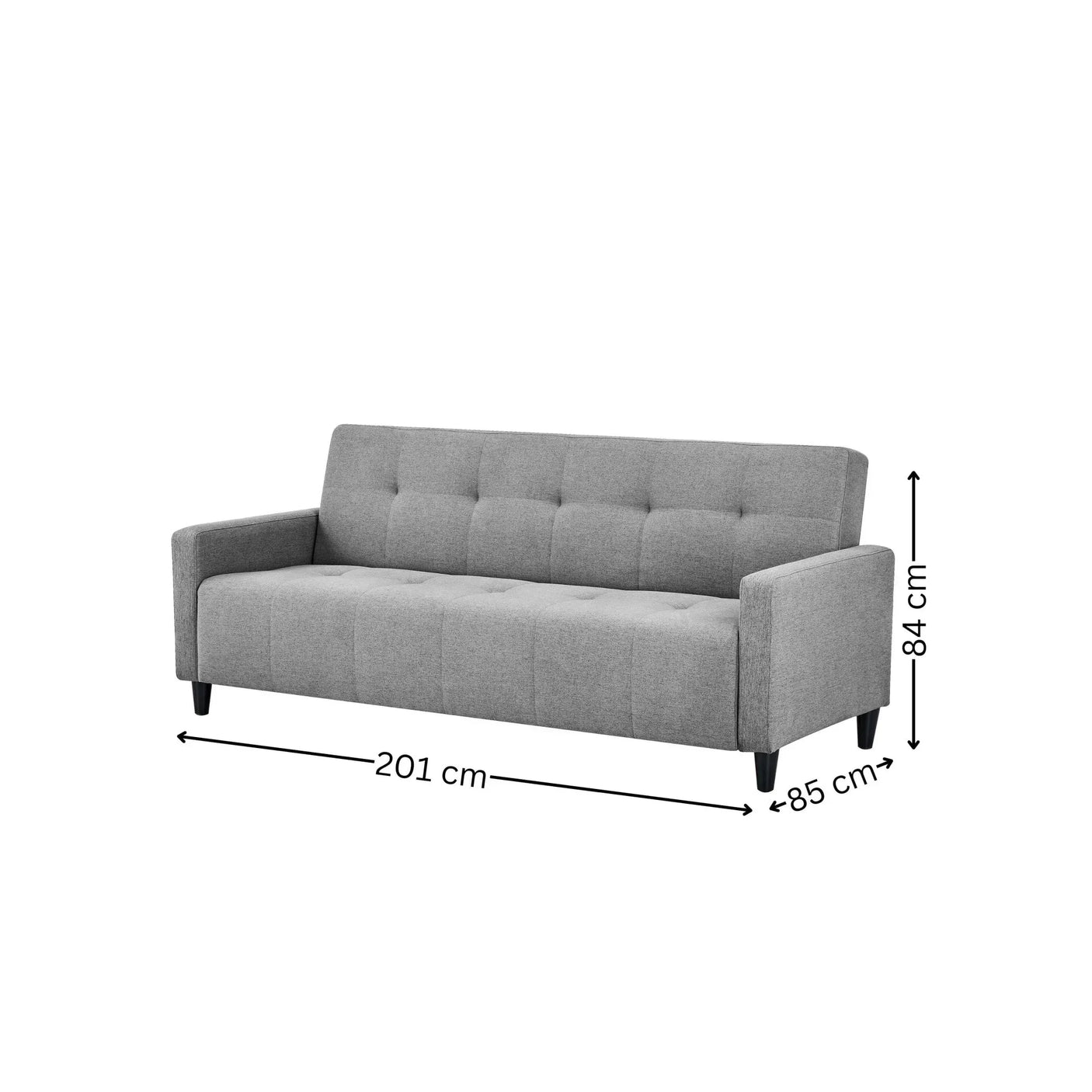 Light grey fabric sofa with tufted backrest and armrests, 201 cm wide, 84 cm high, 85 cm deep