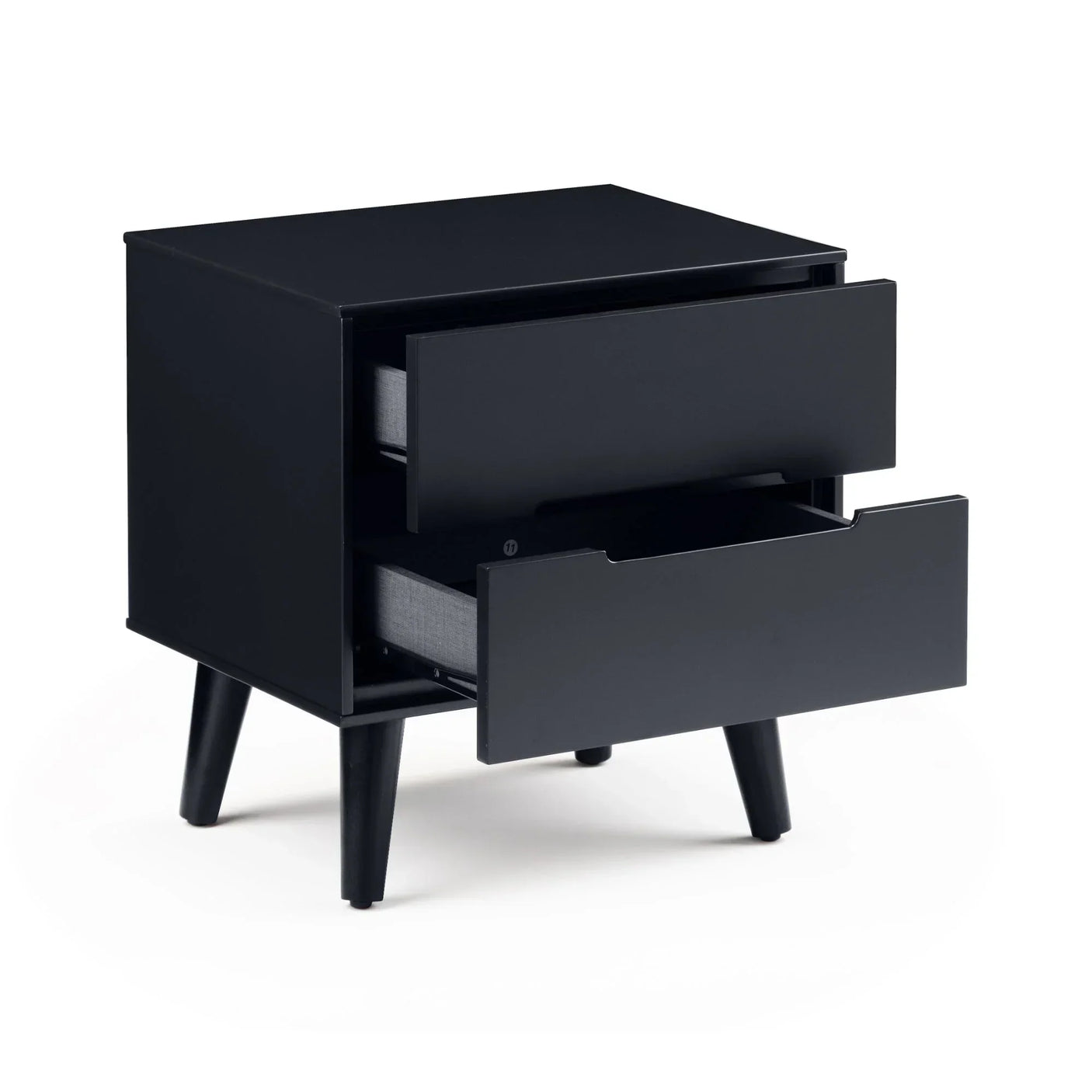 Anthracite bedside table with two open drawers and angled legs on white background