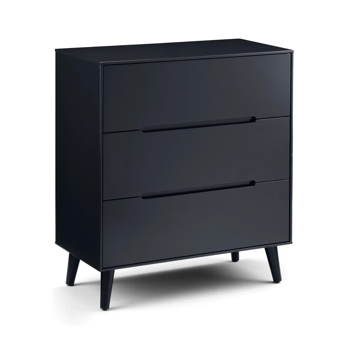 Anthracite three drawer chest with sleek handles and angled legs on white background