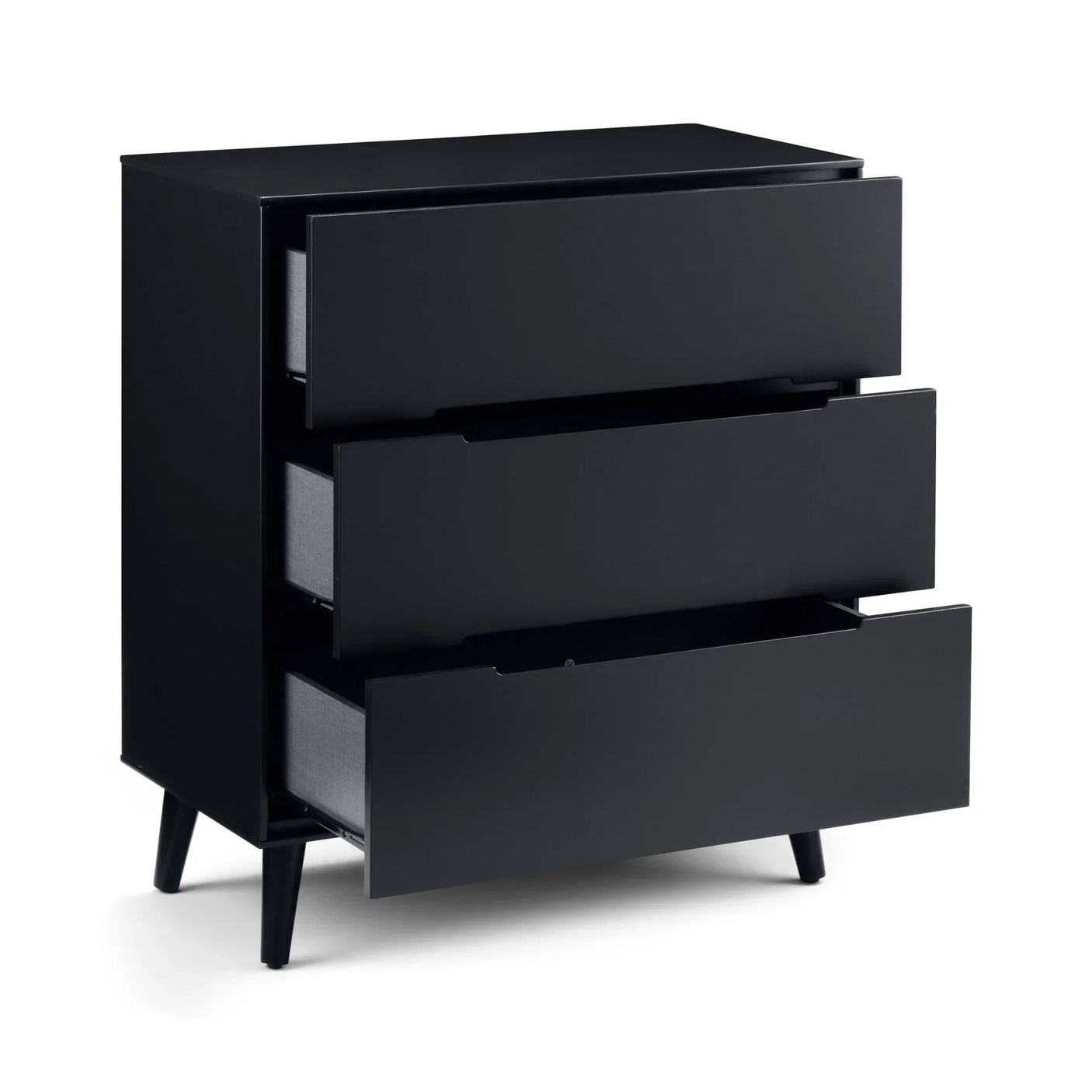 Anthracite three drawer chest with open drawers and angled legs on white background