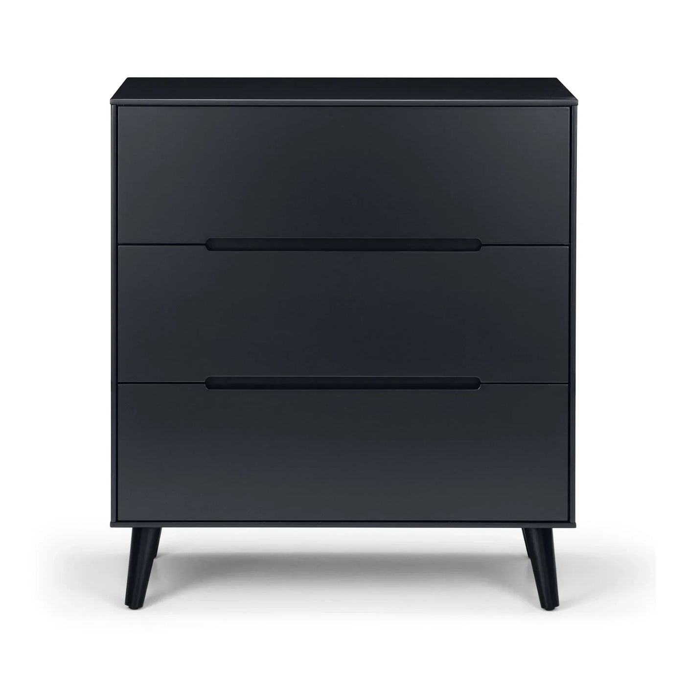 Anthracite three drawer chest with sleek front and angled legs, modern furniture style