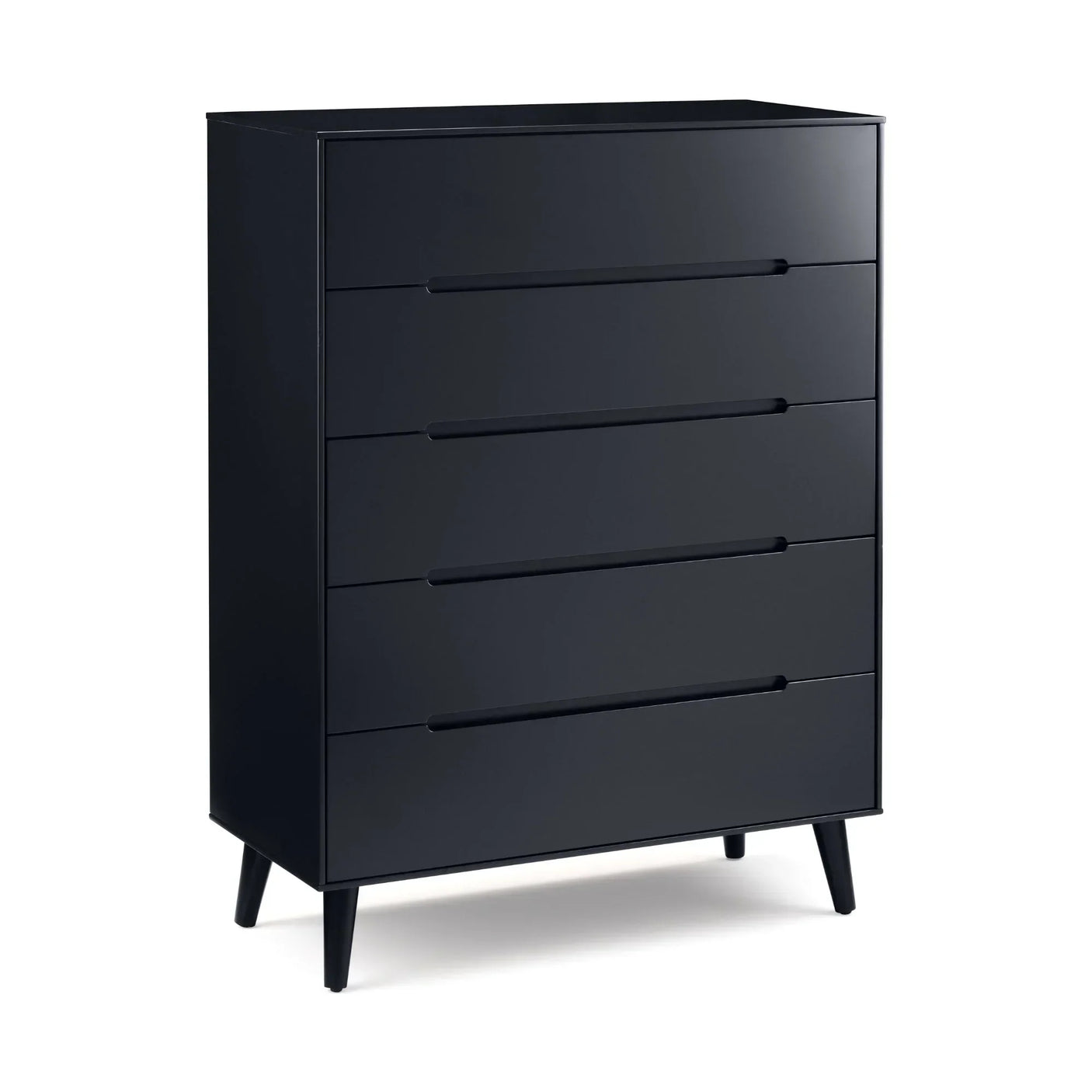 Anthracite five drawer chest with sleek handles and angled legs, front angled view