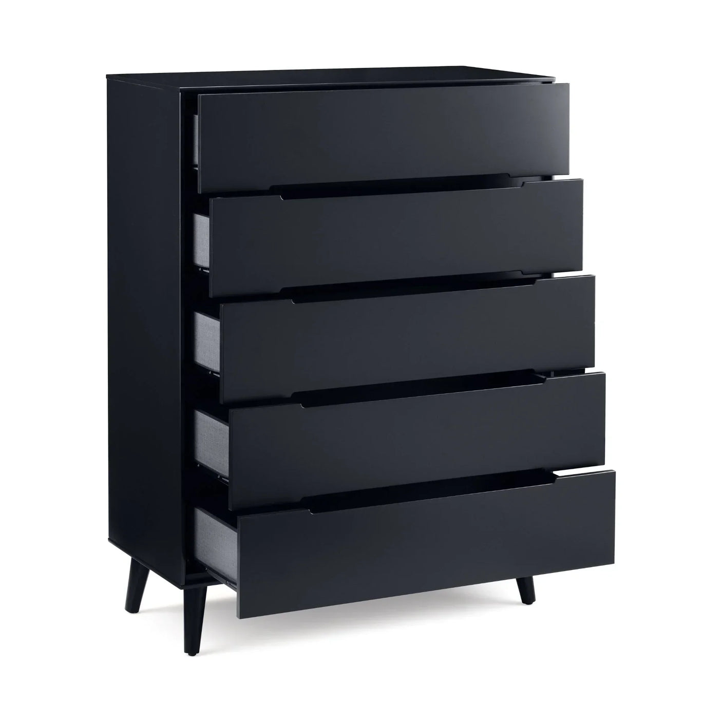 Anthracite five drawer chest with angled legs and open drawers, modern bedroom storage