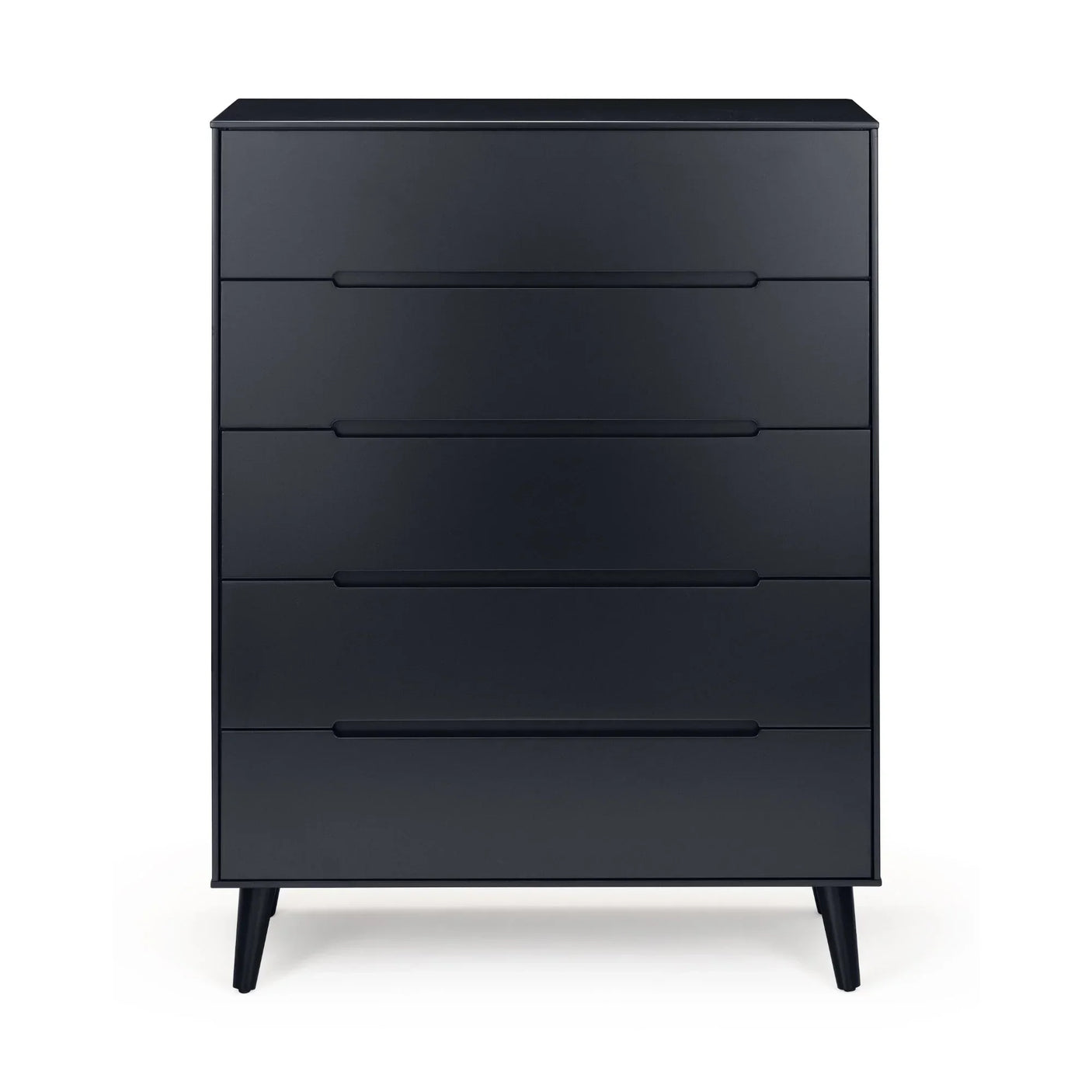 Anthracite five drawer chest with slim handles and angled legs, front view
