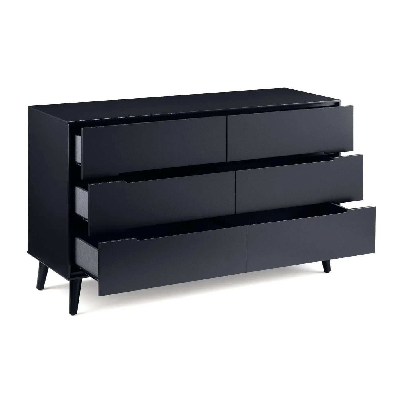 Anthracite wide chest of drawers with six open drawers and angled legs
