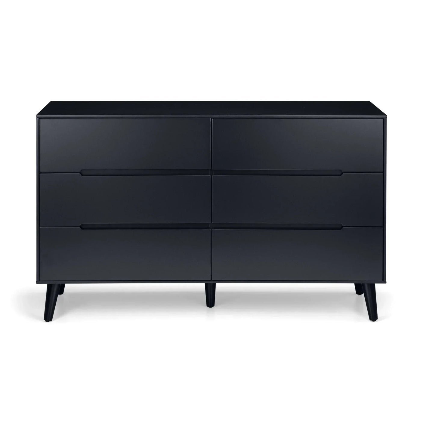 Anthracite 6 drawer wide chest with sleek handles and angled legs on white background