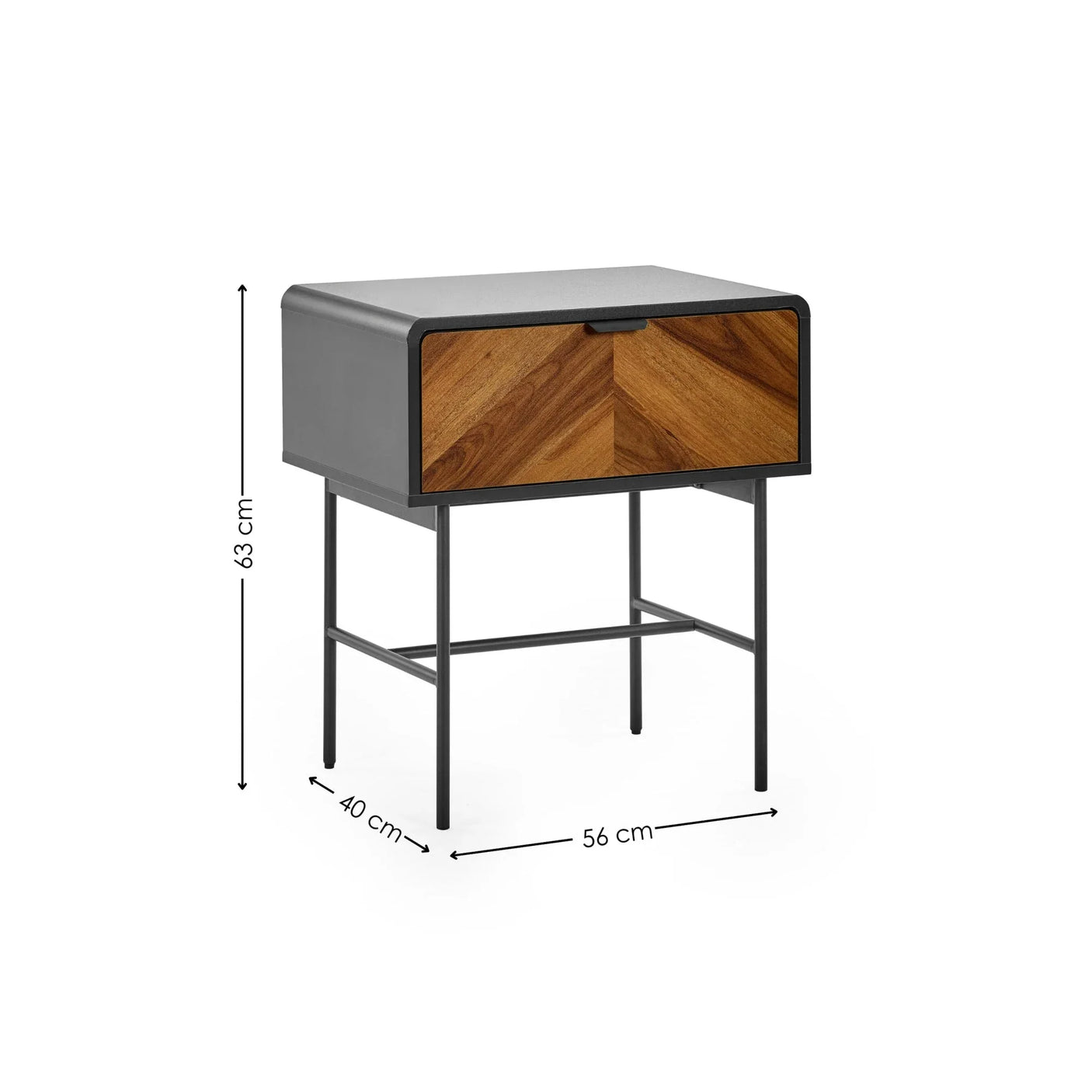 Modern wood and metal bedside table with single drawer and dimensions 63x56x40 cm