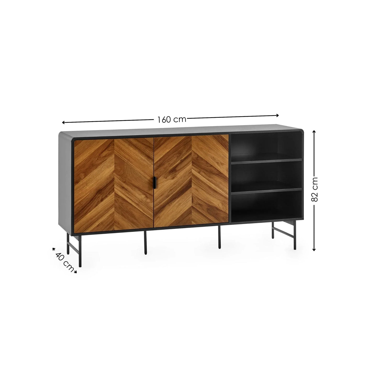 Modern sideboard with chevron wood doors, black frame, open shelves, and measurement details
