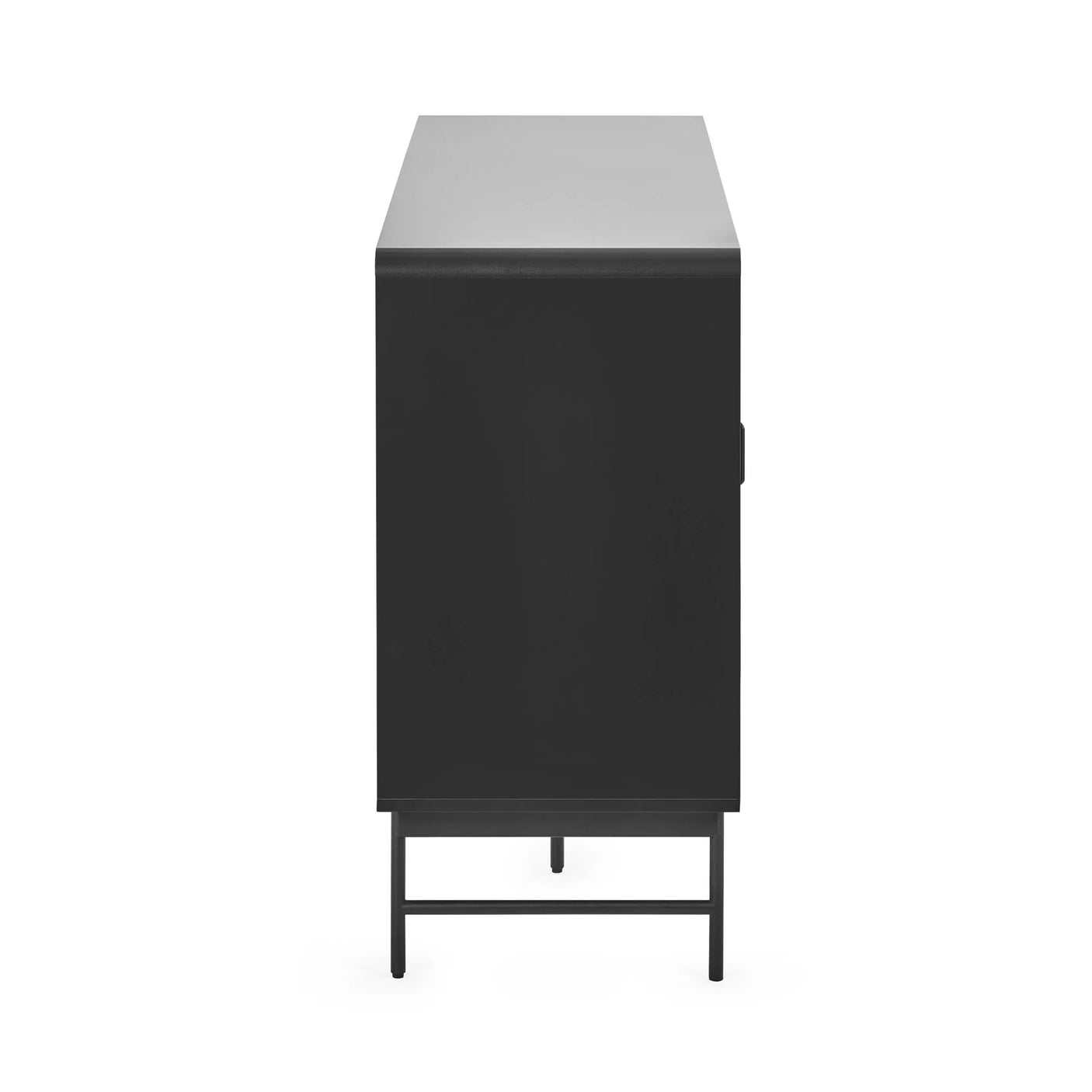 Black sideboard cabinet with metal frame, side view