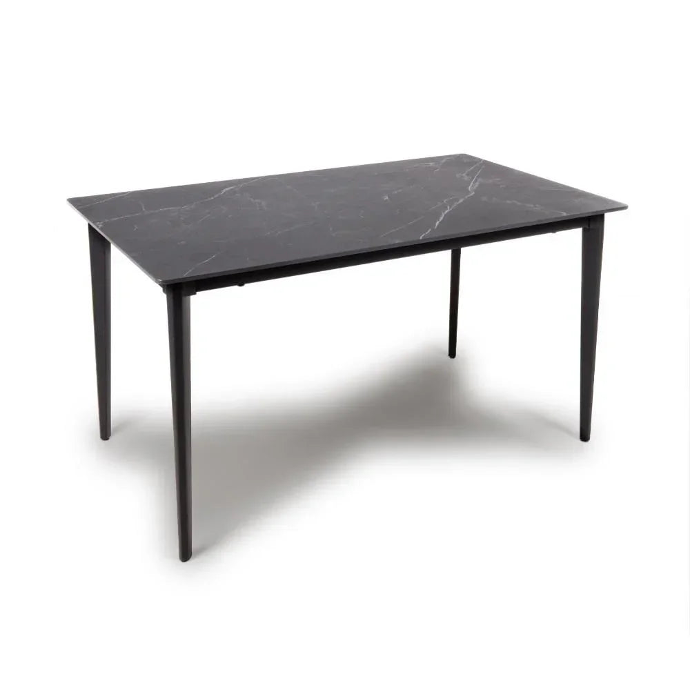 Rectangular black dining table with marble effect top and slim angled legs