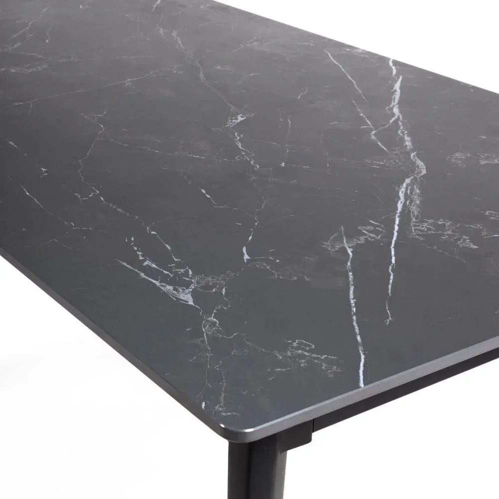 Black marble dining table top with white veining and modern straight edge corner