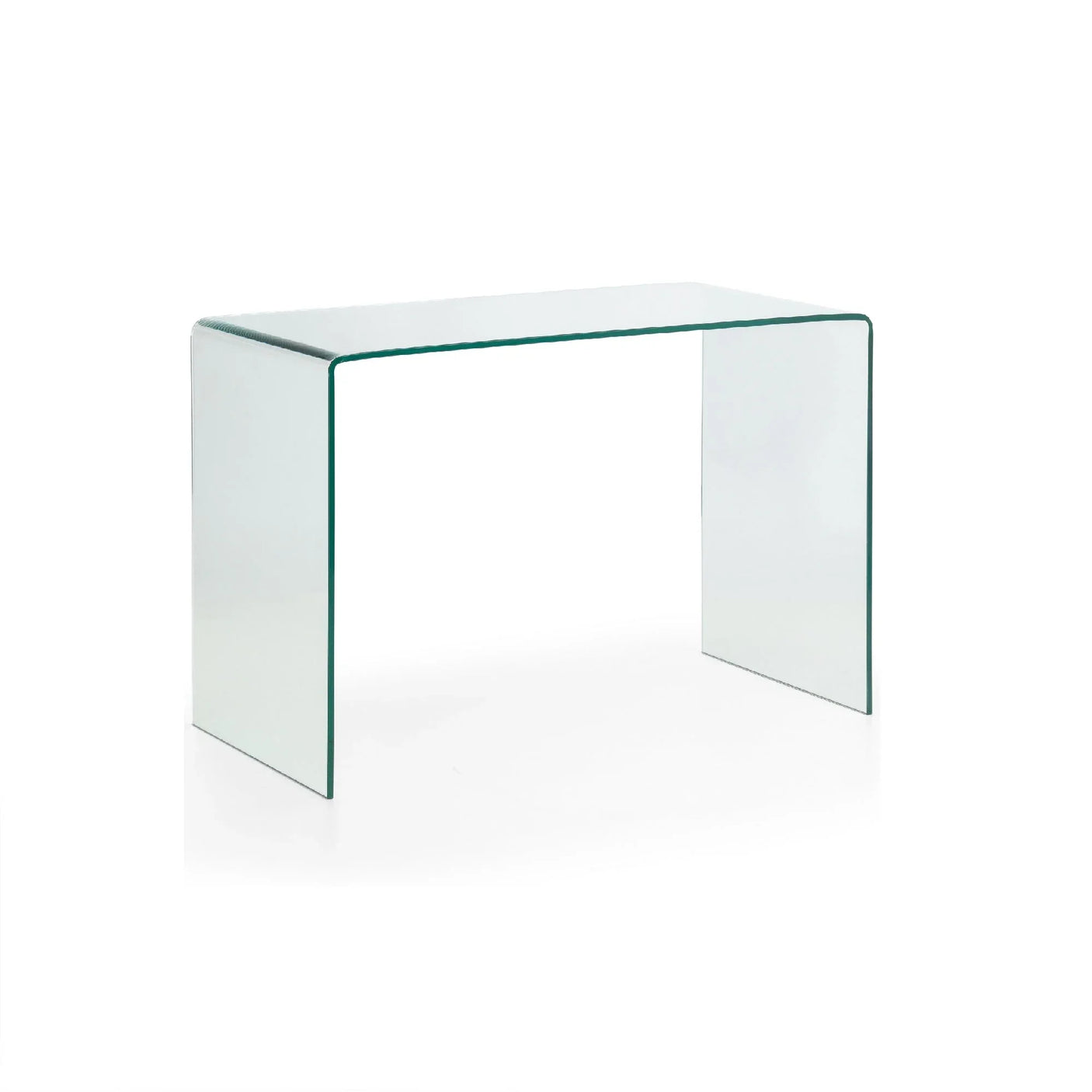 Clear glass desk with curved edges and minimalist design, side angle view